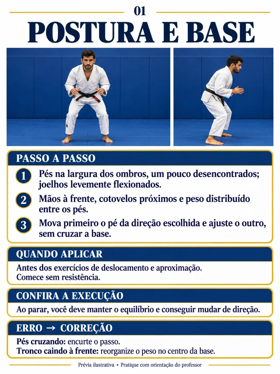 Postura e base. Passo a passo: 1. Pés na largura dos ombros, um pouco desencontrados; joelhos levemente flexionados. 2. Mãos à frente, cotovelos próximos e peso distribuído entre os pés. 3. Mova primeiro o pé da direção escolhida e ajuste o outro, sem cruzar a base. Quando aplicar: Antes dos exercícios de deslocamento e aproximação. Comece sem resistência. Confira a execução: Ao parar, você deve manter o equilíbrio e conseguir mudar de direção. Erro e correção: Pés cruzando: encurte o passo. Tronco caindo à frente: reorganize o peso no centro da base. Prévia ilustrativa.