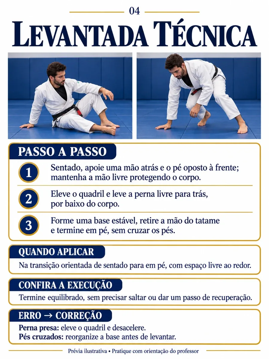 Levantada técnica. Passo a passo: 1. Sentado, apoie uma mão atrás e o pé oposto à frente; mantenha a mão livre protegendo o corpo. 2. Eleve o quadril e leve a perna livre para trás, por baixo do corpo. 3. Forme uma base estável, retire a mão do tatame e termine em pé, sem cruzar os pés. Quando aplicar: Na transição orientada de sentado para em pé, com espaço livre ao redor. Confira a execução: Termine equilibrado, sem precisar saltar ou dar um passo de recuperação. Erro e correção: Perna presa: eleve o quadril e desacelere. Pés cruzados: reorganize a base antes de levantar. Prévia ilustrativa.