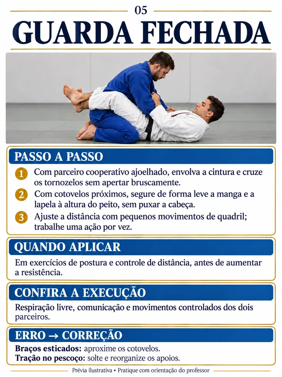 Guarda fechada. Passo a passo: 1. Com parceiro cooperativo ajoelhado, envolva a cintura e cruze os tornozelos sem apertar bruscamente. 2. Com cotovelos próximos, segure de forma leve a manga e a lapela à altura do peito, sem puxar a cabeça. 3. Ajuste a distância com pequenos movimentos de quadril; trabalhe uma ação por vez. Quando aplicar: Em exercícios de postura e controle de distância, antes de aumentar a resistência. Confira a execução: Respiração livre, comunicação e movimentos controlados dos dois parceiros. Erro e correção: Braços esticados: aproxime os cotovelos. Tração no pescoço: solte e reorganize os apoios. Prévia ilustrativa.