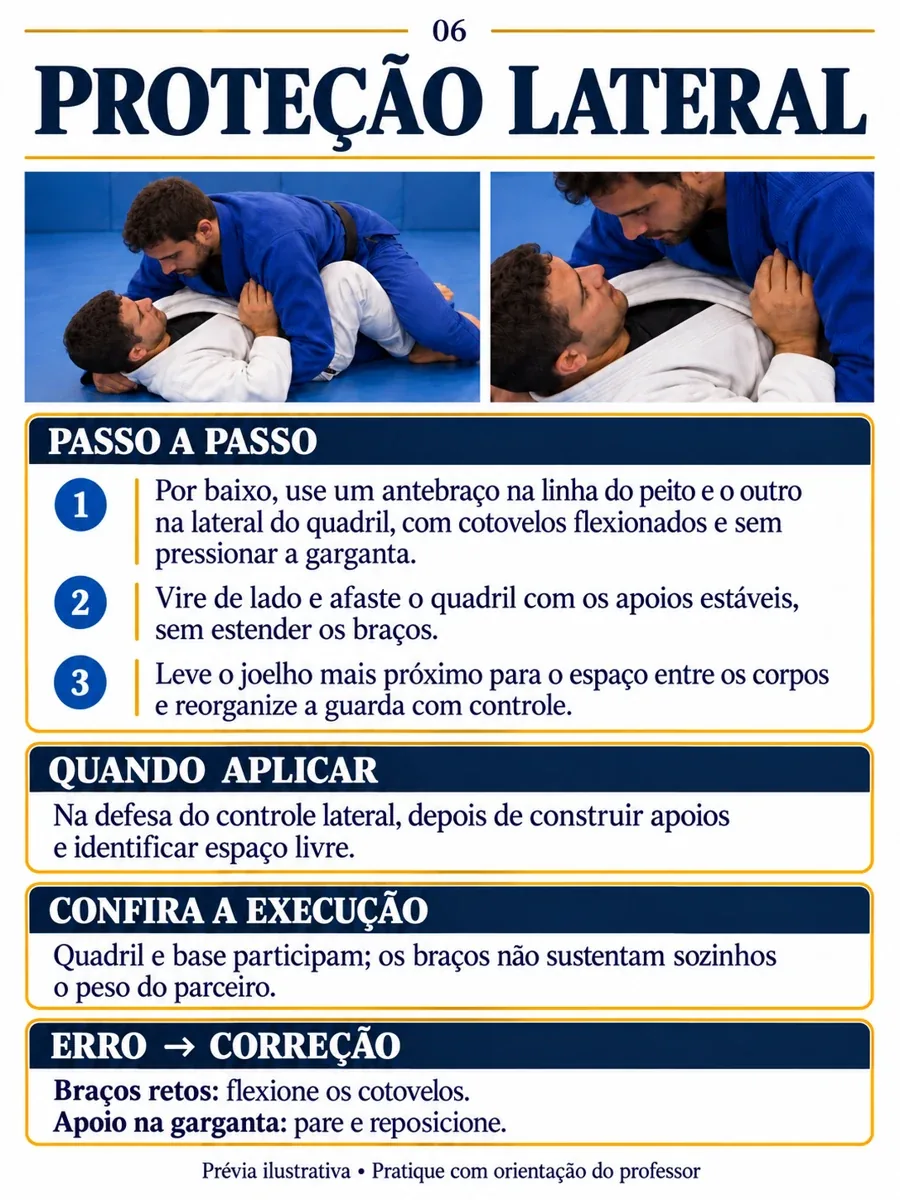 Proteção lateral. Passo a passo: 1. Por baixo, use um antebraço na linha do peito e o outro na lateral do quadril, com cotovelos flexionados e sem pressionar a garganta. 2. Vire de lado e afaste o quadril com os apoios estáveis, sem estender os braços. 3. Leve o joelho mais próximo para o espaço entre os corpos e reorganize a guarda com controle. Quando aplicar: Na defesa do controle lateral, depois de construir apoios e identificar espaço livre. Confira a execução: Quadril e base participam; os braços não sustentam sozinhos o peso do parceiro. Erro e correção: Braços retos: flexione os cotovelos. Apoio na garganta: pare e reposicione. Prévia ilustrativa.