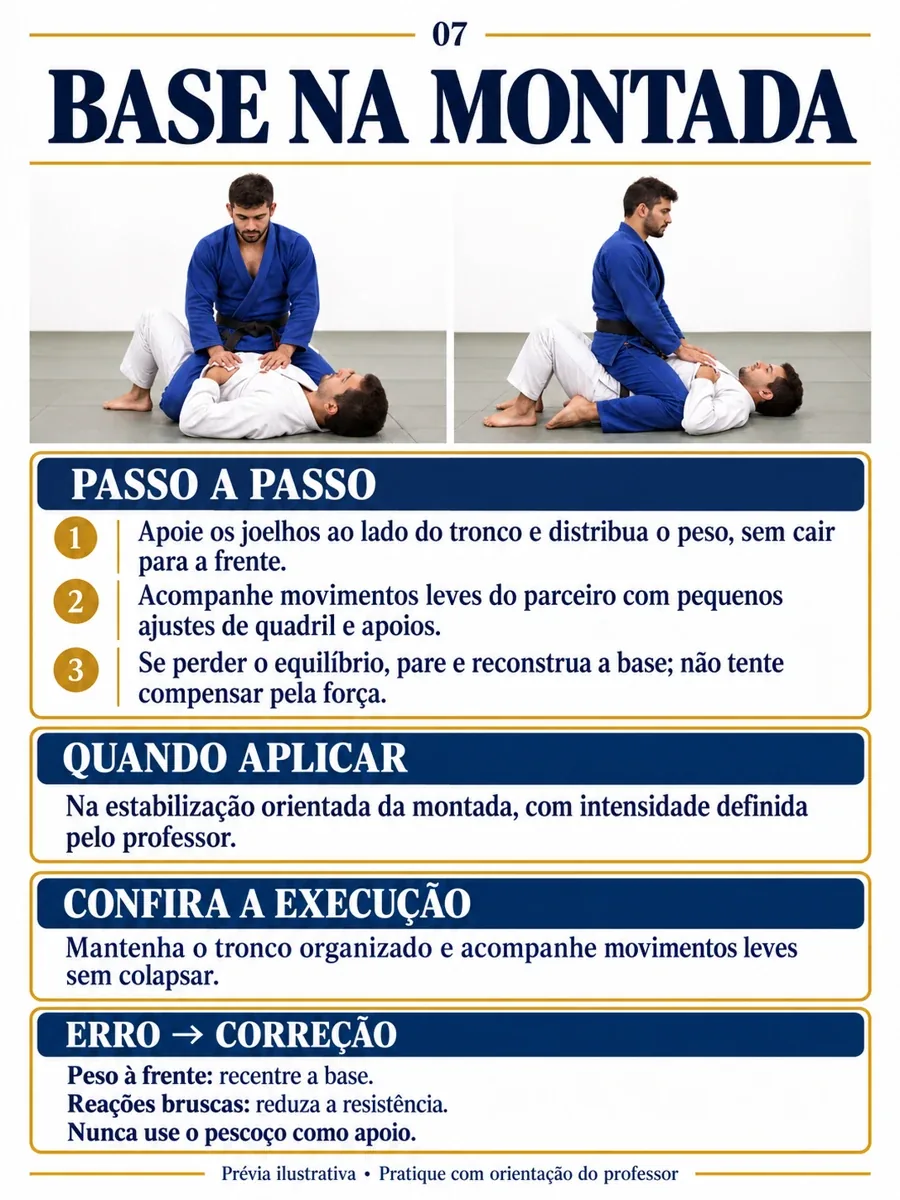 Base na montada. Passo a passo: 1. Apoie os joelhos ao lado do tronco e distribua o peso, sem cair para a frente. 2. Acompanhe movimentos leves do parceiro com pequenos ajustes de quadril e apoios. 3. Se perder o equilíbrio, pare e reconstrua a base; não tente compensar pela força. Quando aplicar: Na estabilização orientada da montada, com intensidade definida pelo professor. Confira a execução: Mantenha o tronco organizado e acompanhe movimentos leves sem colapsar. Erro e correção: Peso à frente: recentre a base. Reações bruscas: reduza a resistência. Nunca use o pescoço como apoio. Prévia ilustrativa.