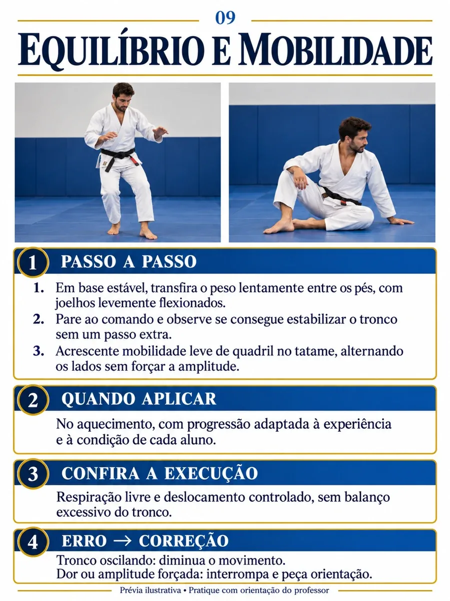 Equilíbrio e mobilidade. Passo a passo: 1. Em base estável, transfira o peso lentamente entre os pés, com joelhos levemente flexionados. 2. Pare ao comando e observe se consegue estabilizar o tronco sem um passo extra. 3. Acrescente mobilidade leve de quadril no tatame, alternando os lados sem forçar a amplitude. Quando aplicar: No aquecimento, com progressão adaptada à experiência e à condição de cada aluno. Confira a execução: Respiração livre e deslocamento controlado, sem balanço excessivo do tronco. Erro e correção: Tronco oscilando: diminua o movimento. Dor ou amplitude forçada: interrompa e peça orientação. Prévia ilustrativa.