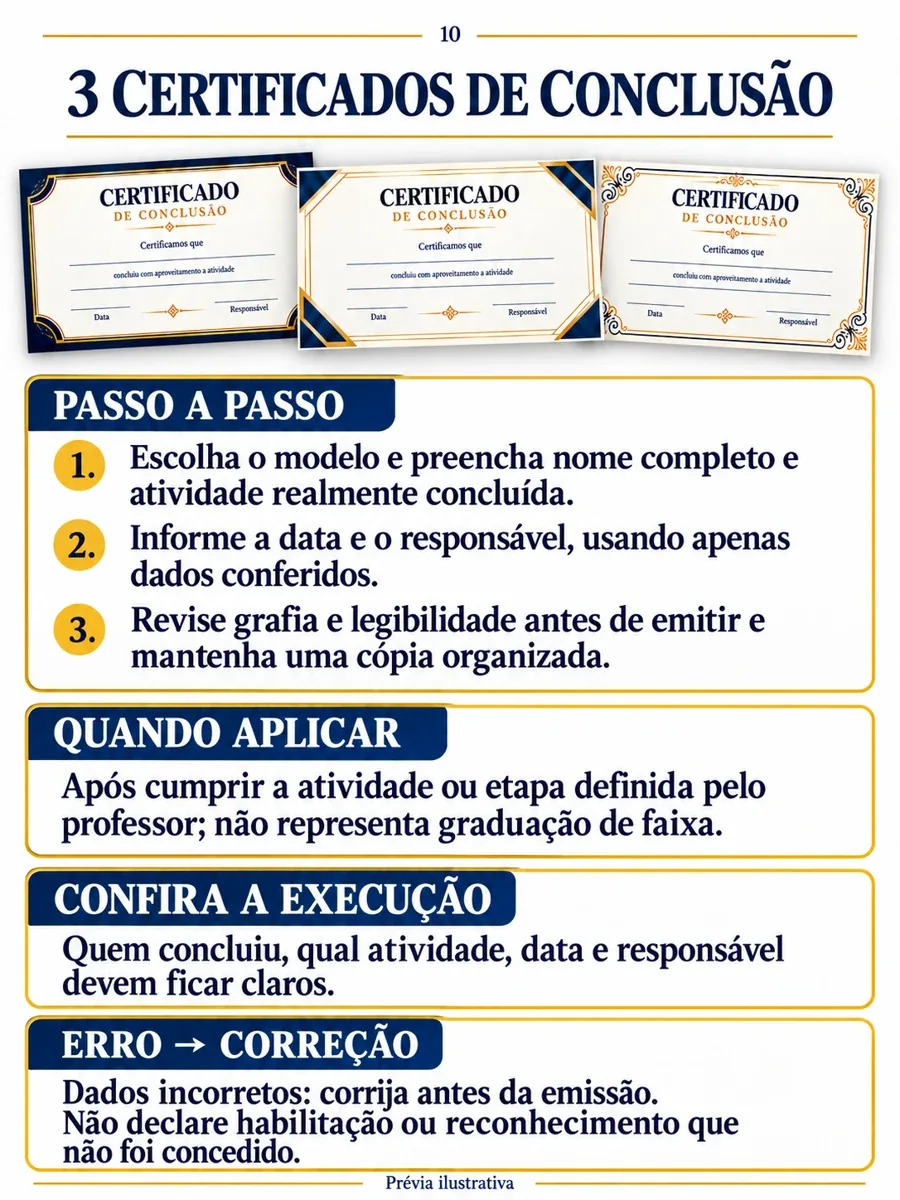 3 certificados de conclusão. Passo a passo: 1. Escolha o modelo e preencha nome completo e atividade realmente concluída. 2. Informe a data e o responsável, usando apenas dados conferidos. 3. Revise grafia e legibilidade antes de emitir e mantenha uma cópia organizada. Quando aplicar: Após cumprir a atividade ou etapa definida pelo professor; não representa graduação de faixa. Confira a execução: Quem concluiu, qual atividade, data e responsável devem ficar claros. Erro e correção: Dados incorretos: corrija antes da emissão. Não declare habilitação ou reconhecimento que não foi concedido. Prévia ilustrativa.