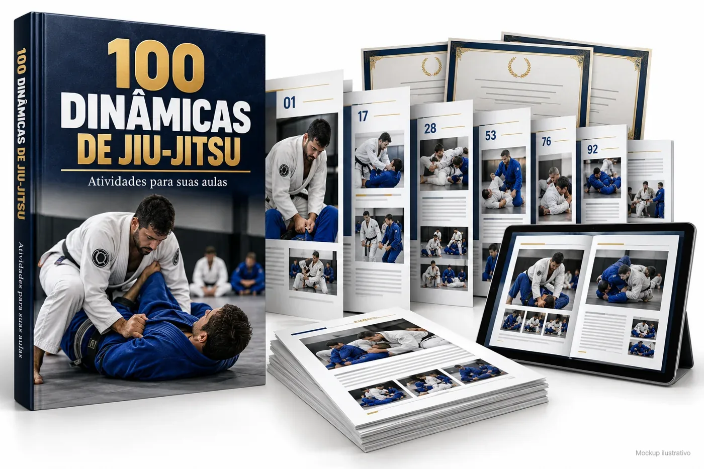 100 Dinâmicas de Jiu-Jitsu: e-book, conjunto de páginas em cascata, tablet e certificados ilustrativos